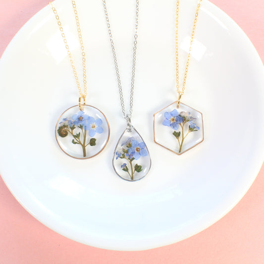 Pressed flower jewelry set, real blue forget-me-not necklaces, studs, dangles, Mother's Day gift, Anniversary gift, resin, forget me not