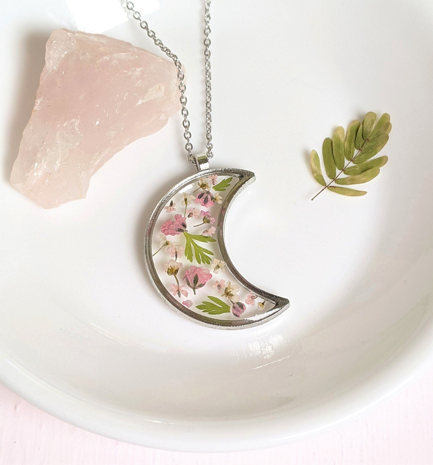 Real Pressed Flower Moon Necklace, Blush Pink Leaf, Bronze Resin Plant Pendant Dried Flower Jewelry, Handmade Moon Necklace, Celestial Lunar