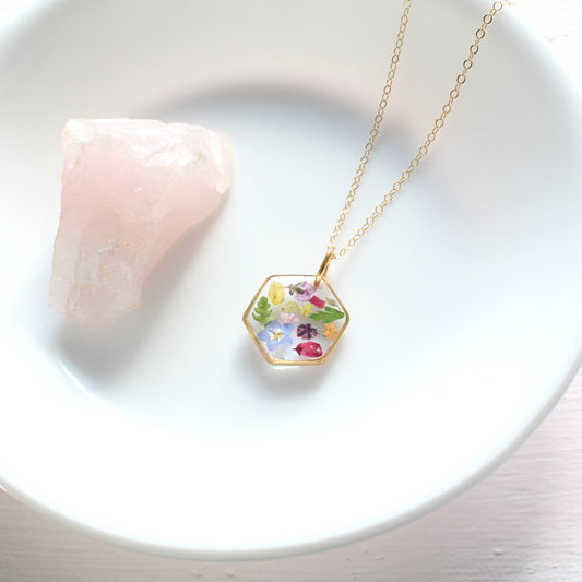 Small pressed flower necklace, mixed wildflower resin pendant, handmade botanical jewelry, dried flowers, plant lover gift, garden party