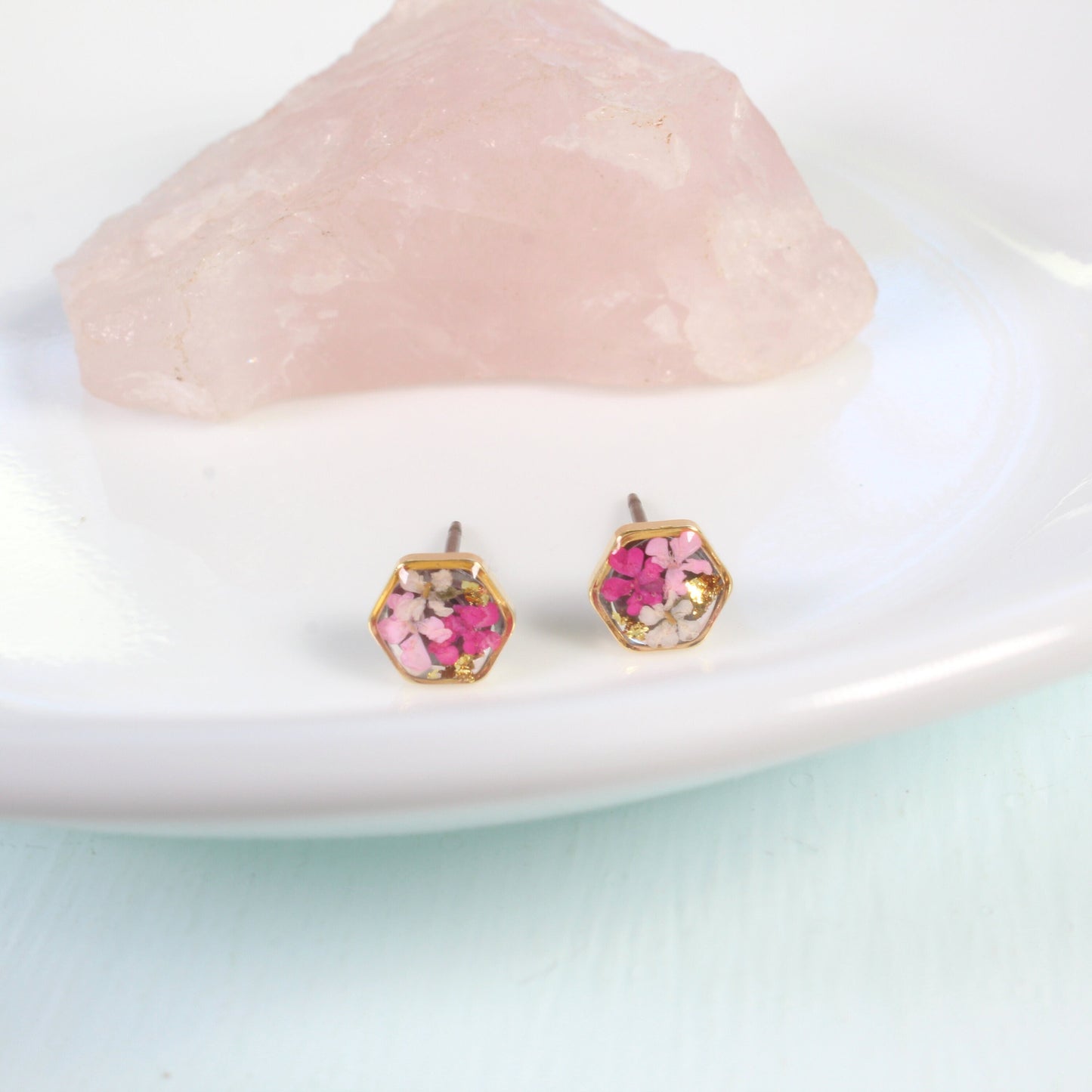 Tiny pressed flower earrings, pink resin studs, micro jewelry, handmade hexagon post earrings, hypoallergenic titanium, teeny, gold, silver