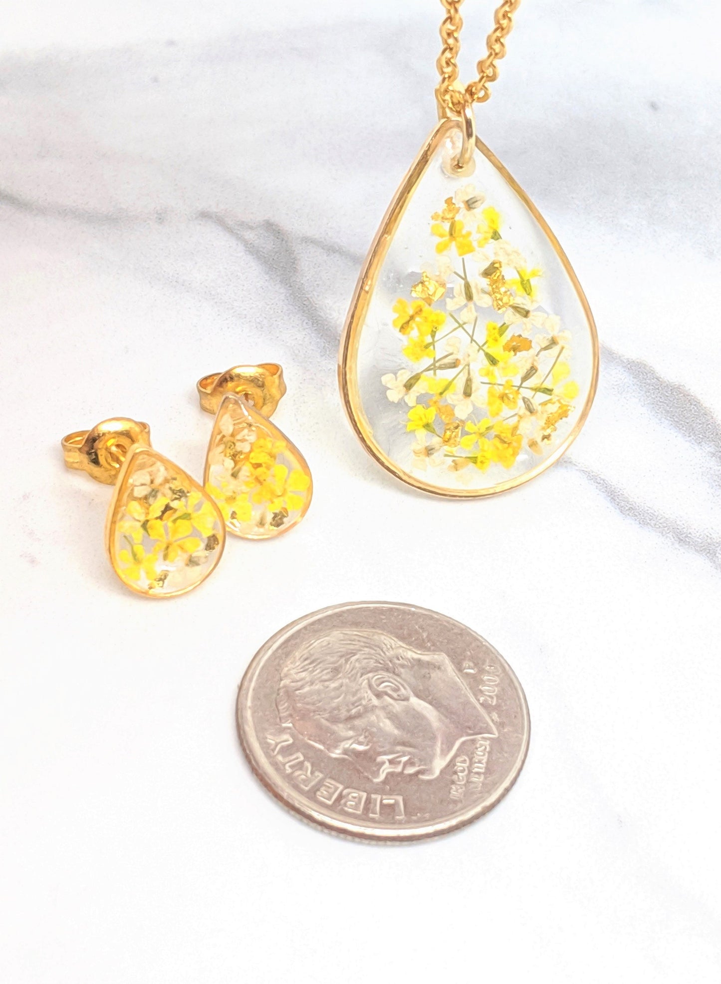 Real Pressed Flower Necklace - Yellow, White, Gold Leaf, Mustard Teardrop Pendant - Pressed Flower Jewelry - Gold Fill Available