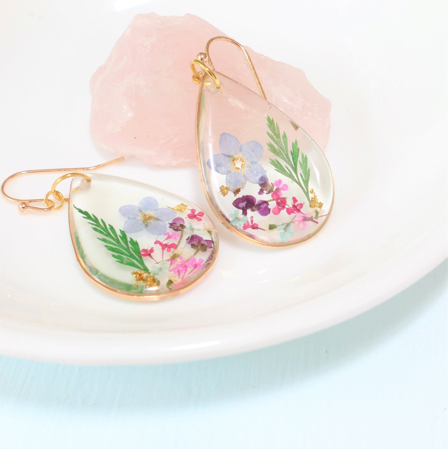 Pressed Flower Earrings, Large Teardrop Dangles, Dried Flower Jewelry, Resin Plant Earrings, Forget-me-not Earrings, Real Flower Jewelry