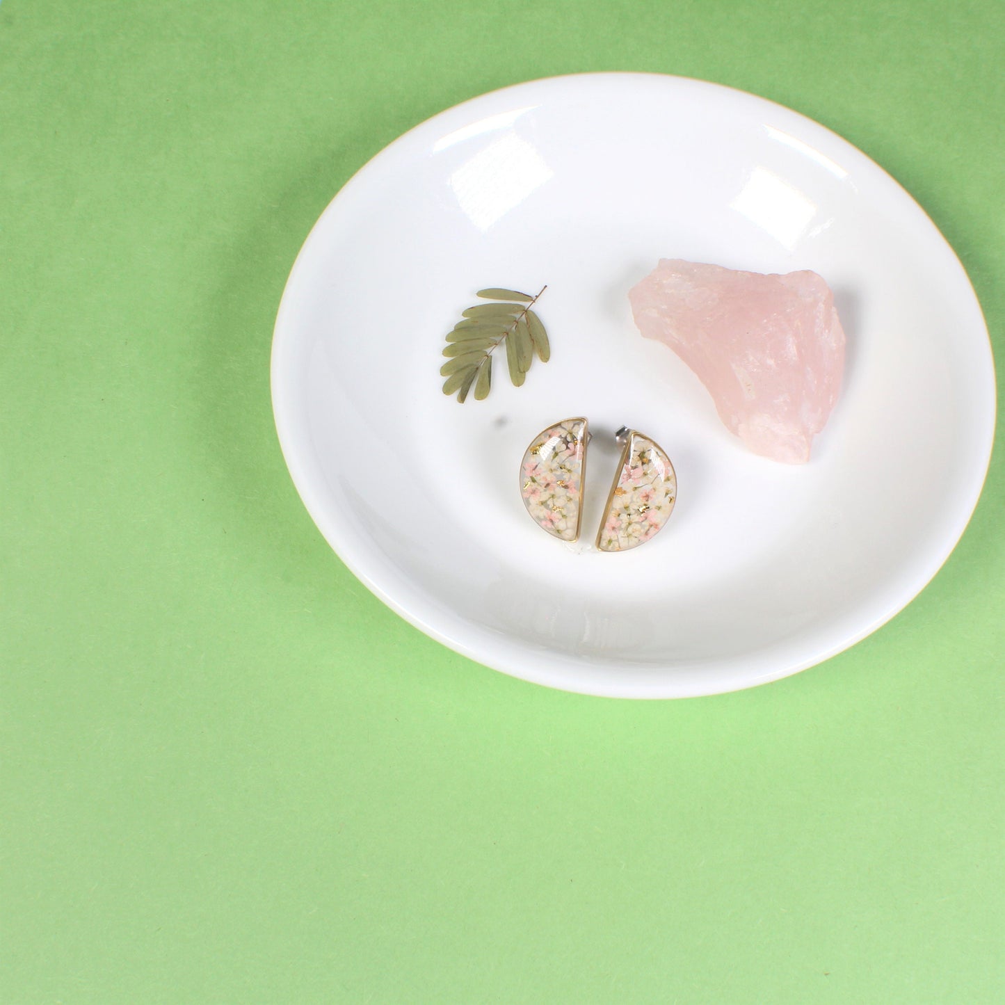 Pressed Flower Semicircle Earrings, Half Moon Resin Studs, Handmade Blush and White Dried Queen Anne's Lace, Hypoallergenic Titanium, Plants