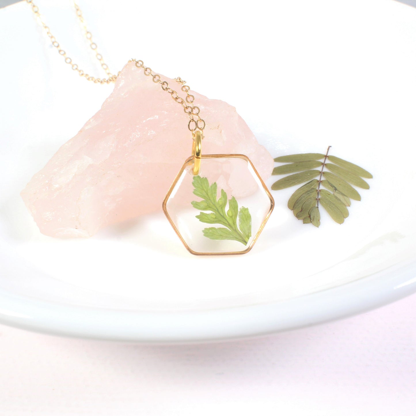 Real Fern Leaf Necklace, Small Hexagon Resin Jewelry, Pressed Flower Necklace, Handmade Fall Jewelry, Plant Lover Gift Dainty Nature Pendant