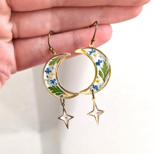 Pressed flower moon and star earrings, resin dried flower dangles, botanical lunar jewelry, handmade, celestial, fern leaves, nature, brass