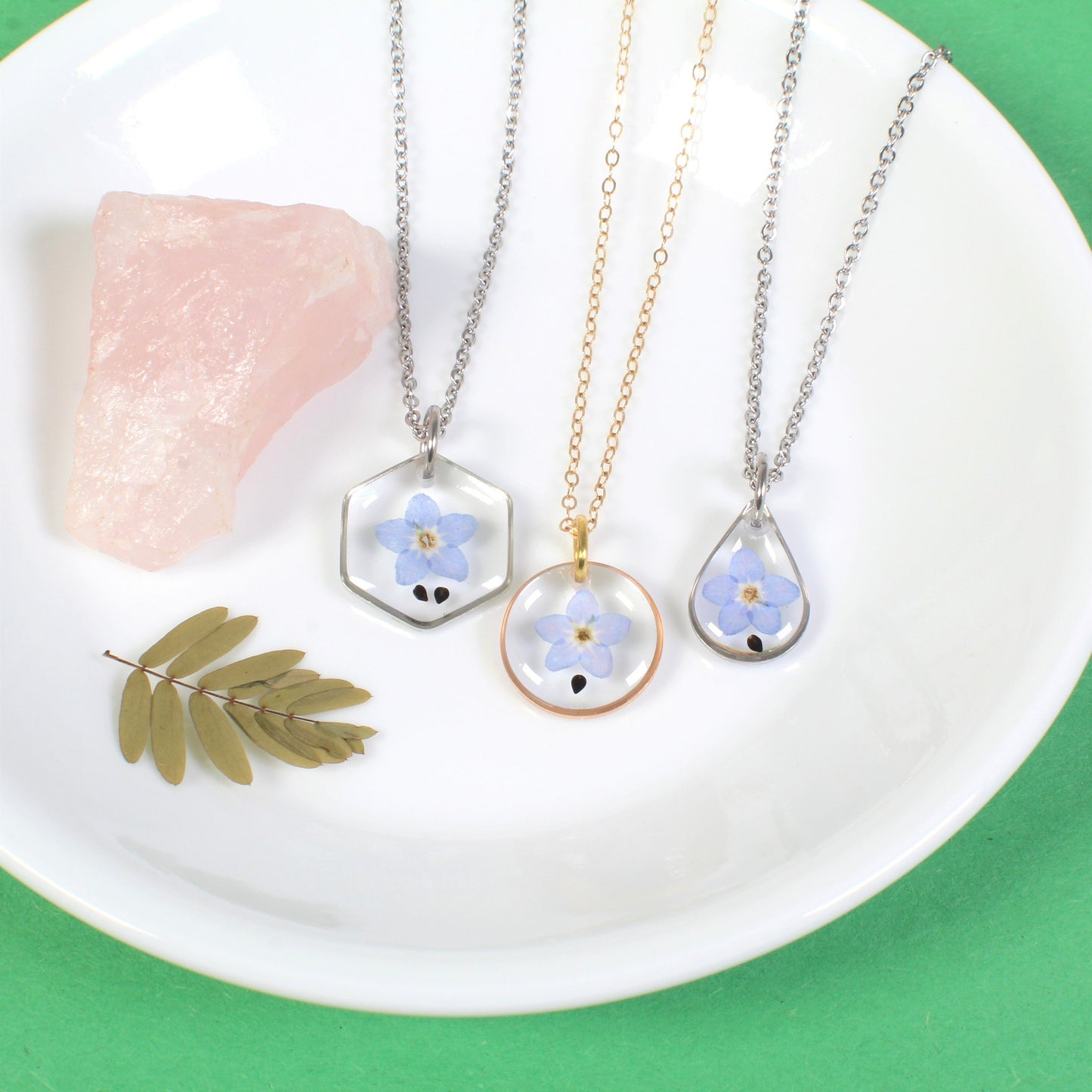 Small teardrop forget-me-not seed and flower necklace, forget me not pendant, miscarriage gift, loss, grief, remembrance, pressed flowers