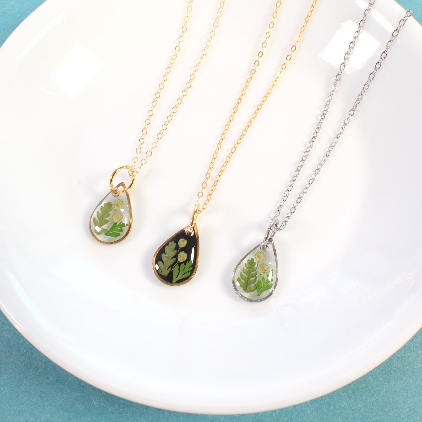 Tiny fern necklaces, real pressed fern leaf in resin, handmade nature plant jewelry, forest necklace, teardrop pendant, gold filled, silver