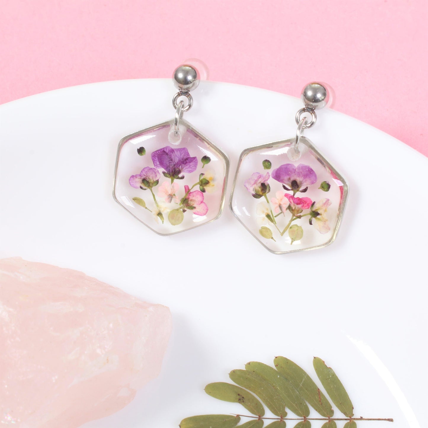 Real Pressed Flower Dangle Earrings, Hexagon Bouquet Ball Post Studs, Resin Dried Flower Jewelry, Geometric Plant Handmade, Botanical Nature