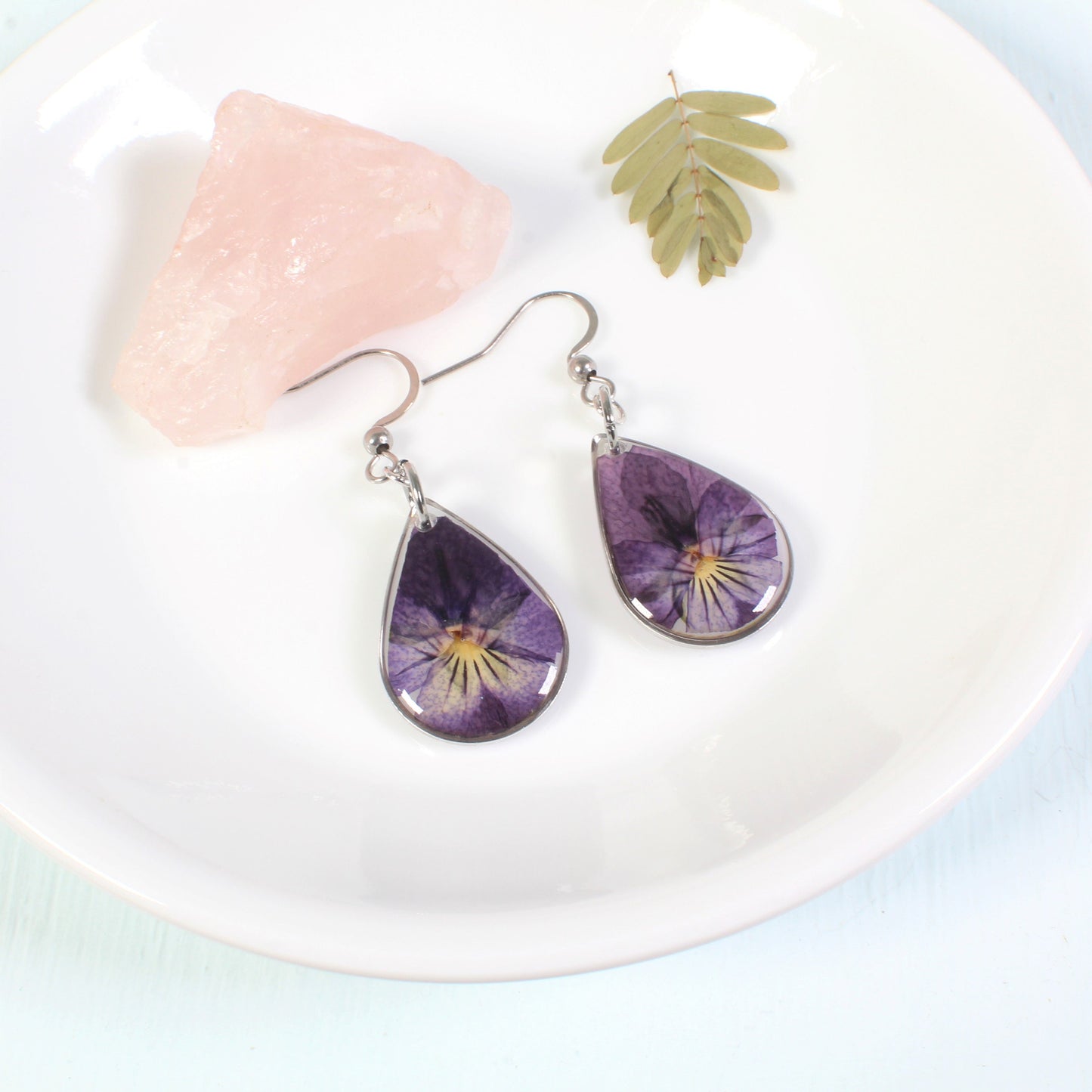 Pressed flower dangle earrings, real violet jewelry, purple pansy viola flowers, resin, February birth flower, handmade teardrop earrings