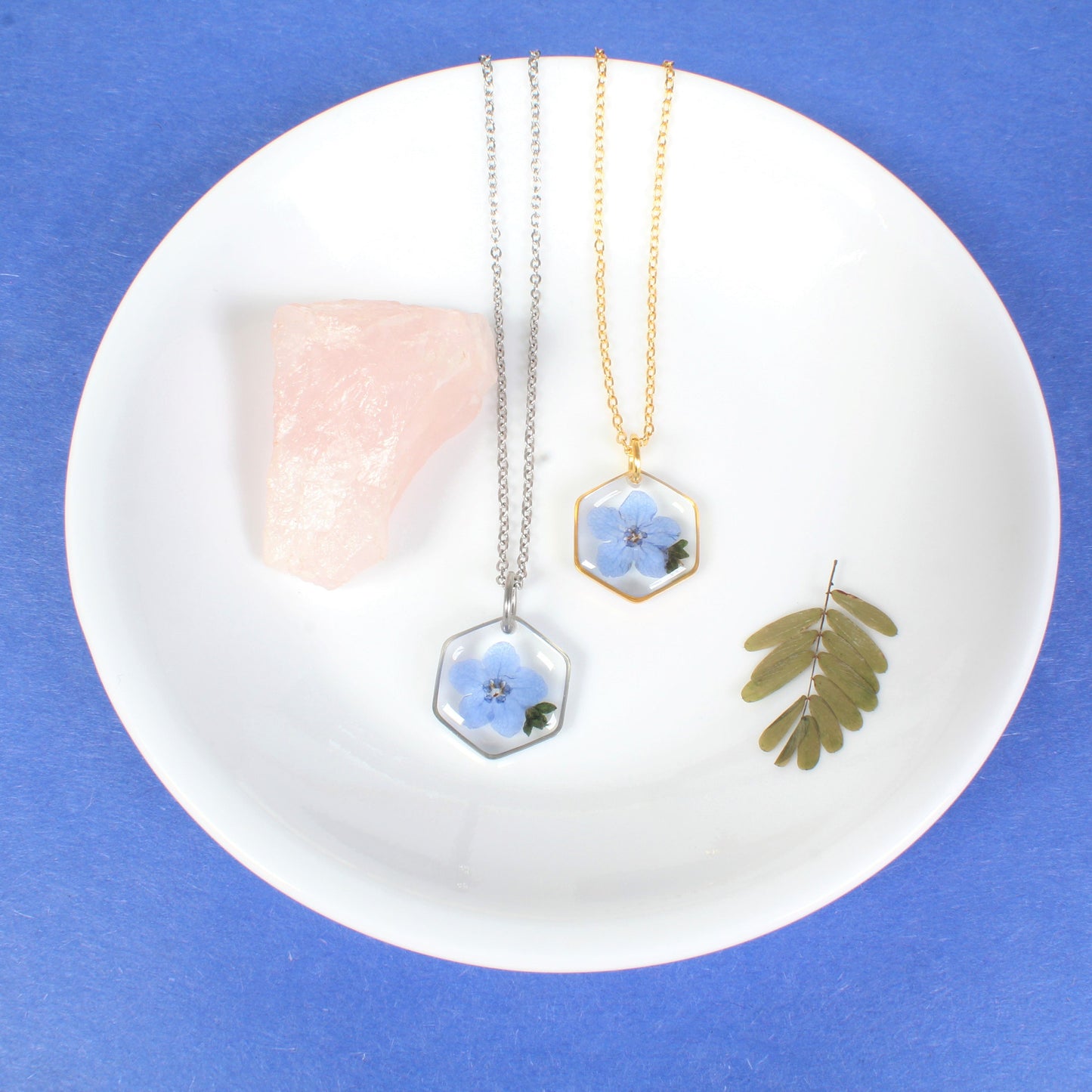 Forget me not Necklace, Pressed Flower Jewelry, Real Dried Flowers, Resin, Small Hexagon Forget-Me-Not, Handmade Gift for Loss