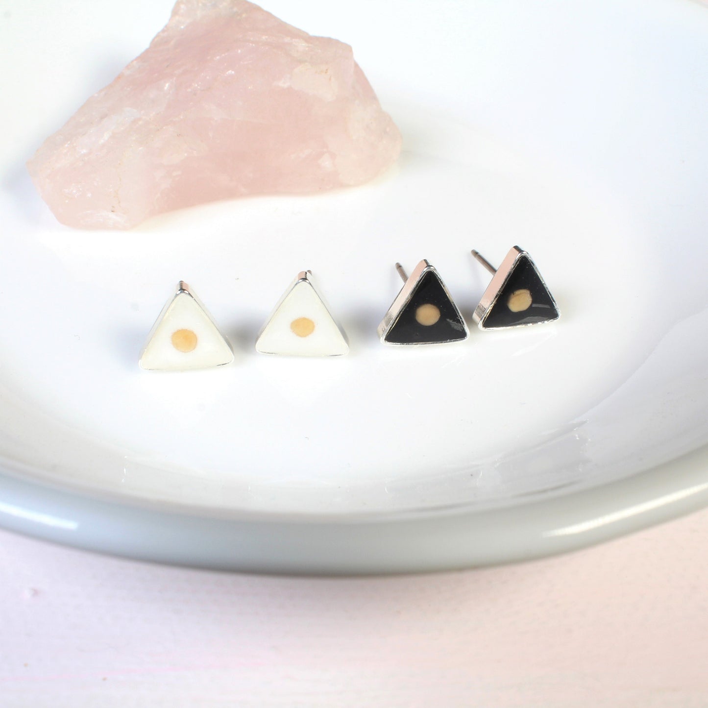 Mustard seed earrings, small triangle earrings, mountain faith studs, hypoallergenic titanium, Christian jewelry, handmade, resin, silver