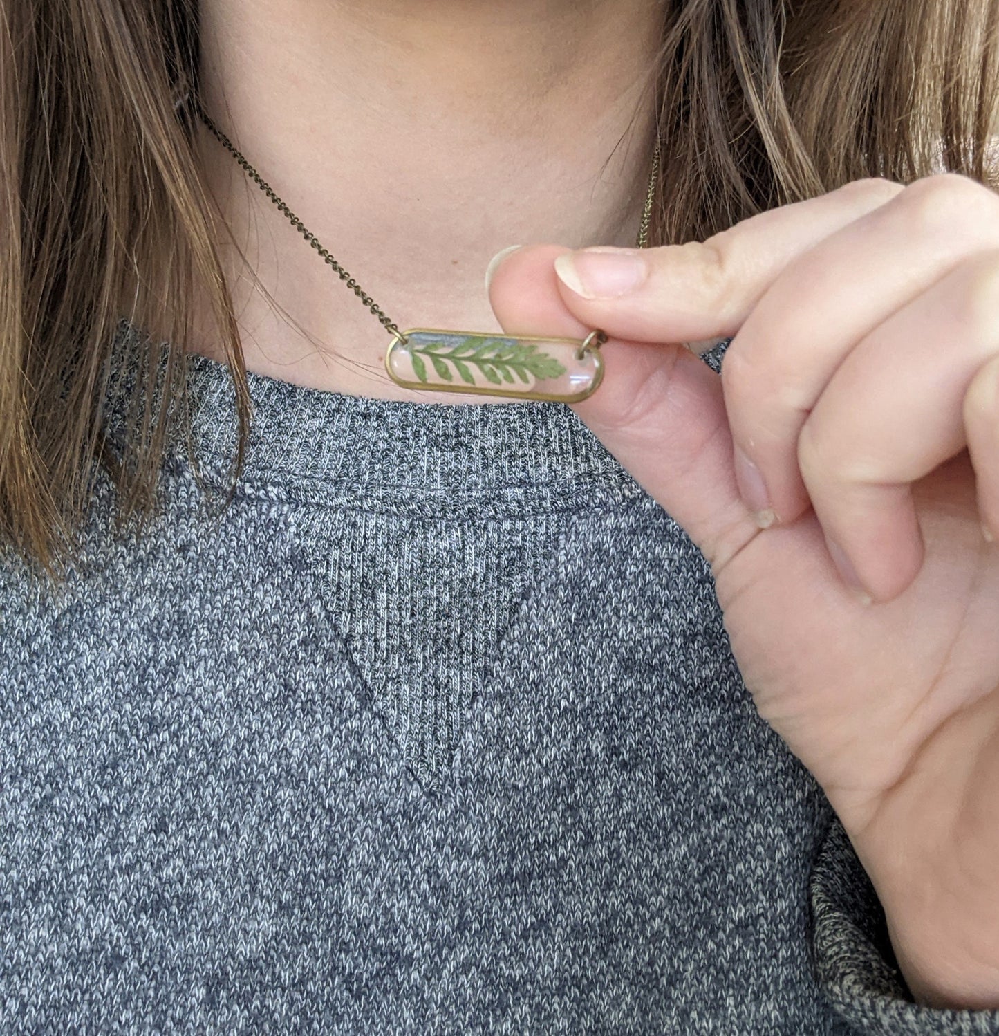 Oval Pressed Fern Leaf Necklace in Brass