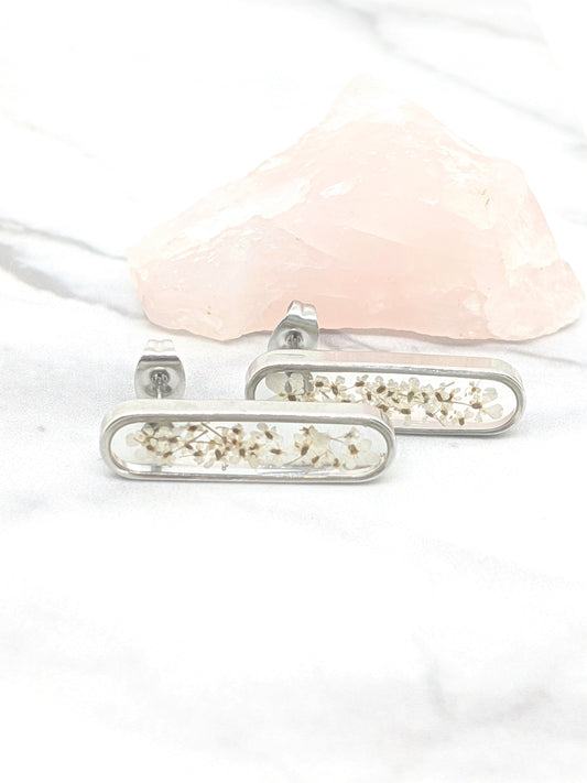 Real Pressed Flower Earrings - Oval Silver Bar Posts with White Wildflowers - Pressed Flower Jewelry