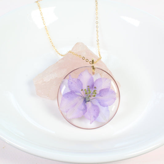Light purple pressed flower necklace, July birth flower jewelry, real dried flower pendant, handmade resin jewelry, gold filled, larkspur