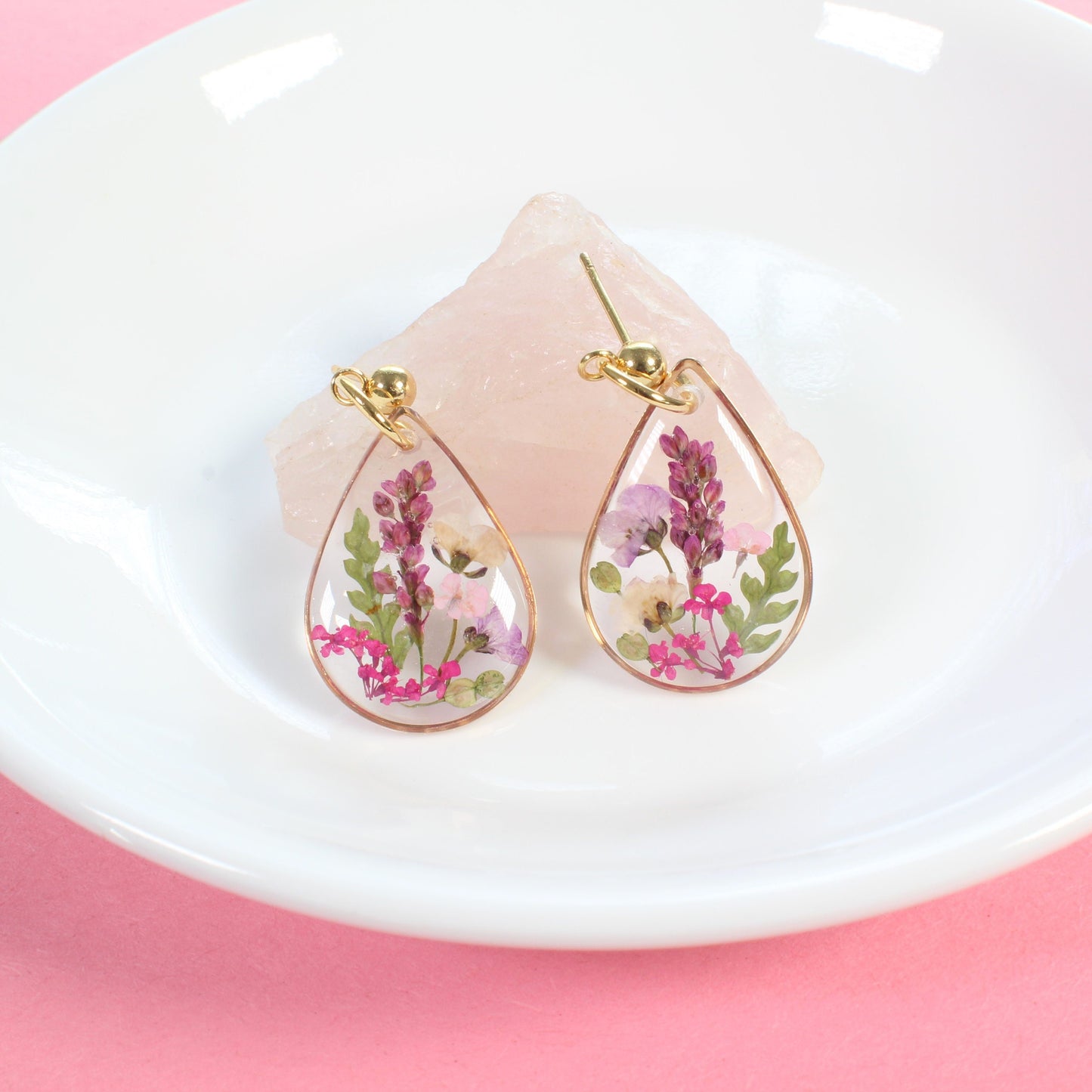 Wildflower earrings, pressed flower dangles, resin jewelry, handmade botanical teardrop studs, pink, purple, gold, silver, nature gift