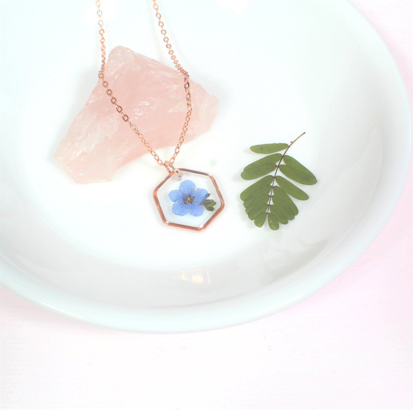 Forget me not Necklace, Pressed Flower Jewelry, Real Dried Flowers, Resin, Small Hexagon Forget-Me-Not, Handmade Gift for Loss