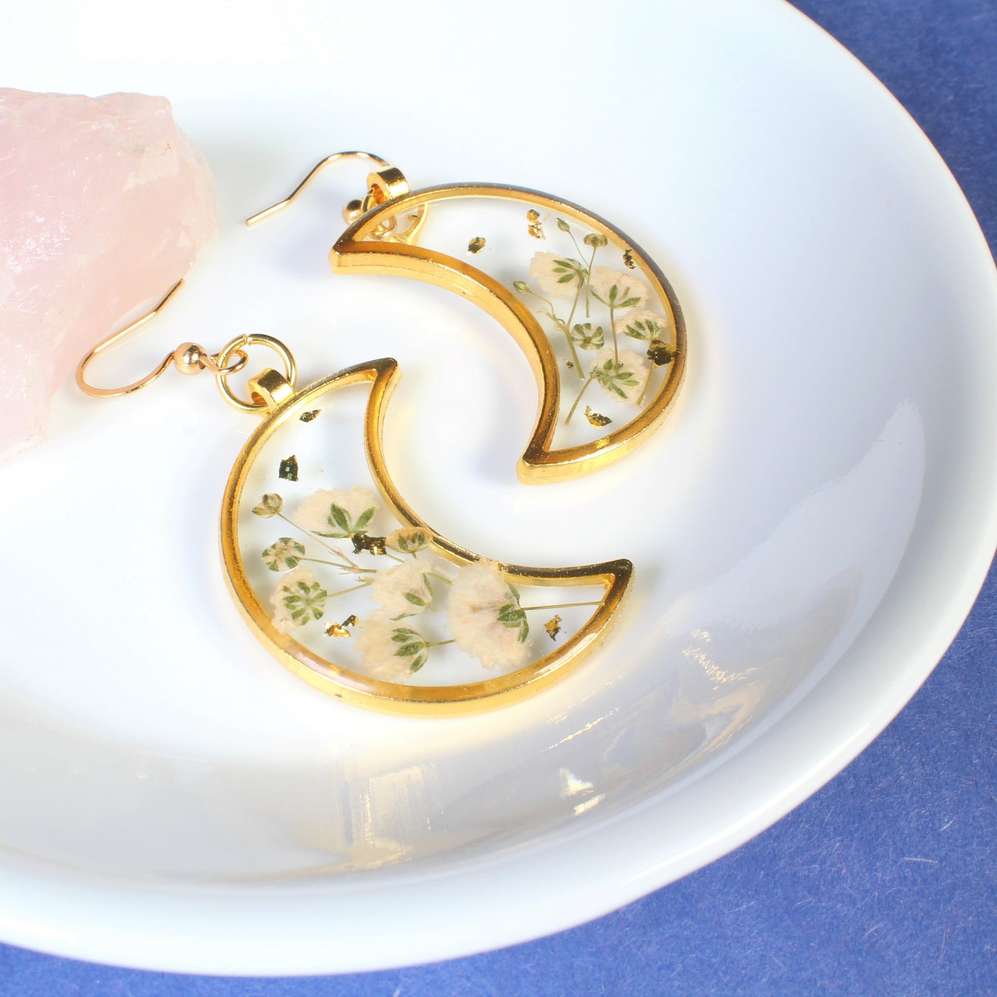 Pressed flower earrings, Gold moon dangle earrings, Resin flower jewelry, handmade, white baby's breath, dry botanicals, wildflowers, lunar