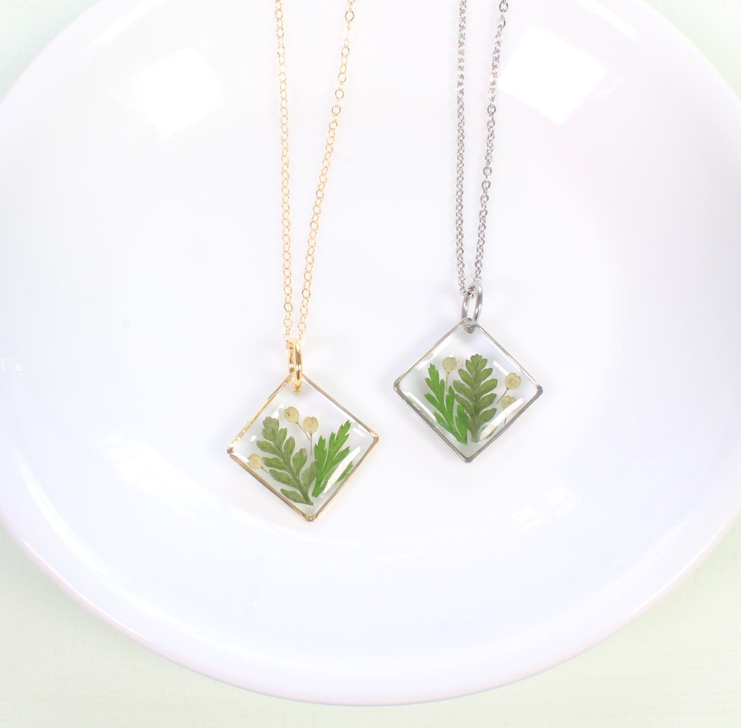Gold fern leaf necklace, plant jewelry, nature lover gift, handmade resin pendant, pressed flower, preserved woodland botanicals, green leaf