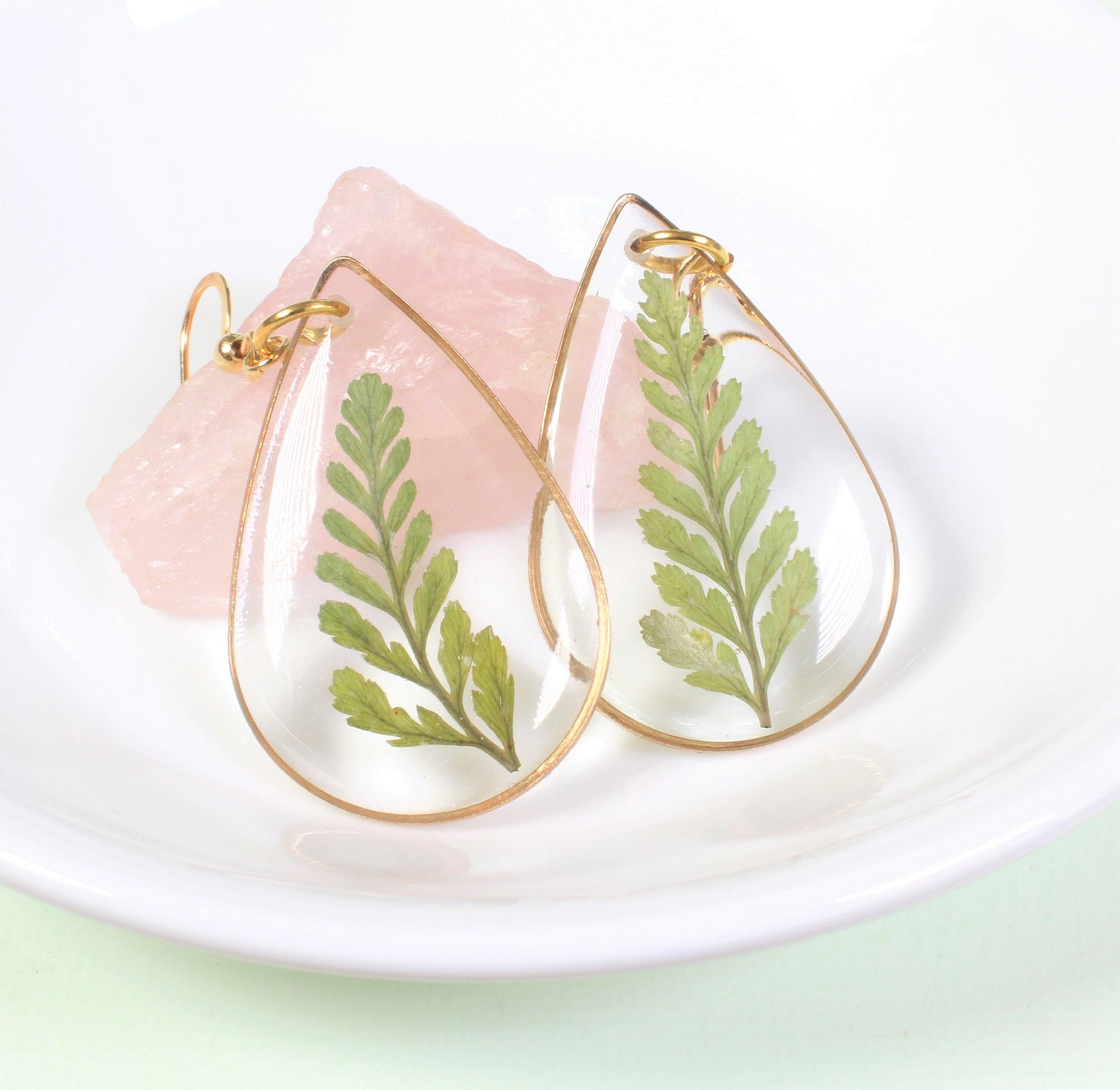 Fern Dangle Earrings, Pressed Leaf Teardrop Earrings, Real Plant Jewelry, Lightweight, Resin, Handmade, Pressed Flowers, Gold, Silver