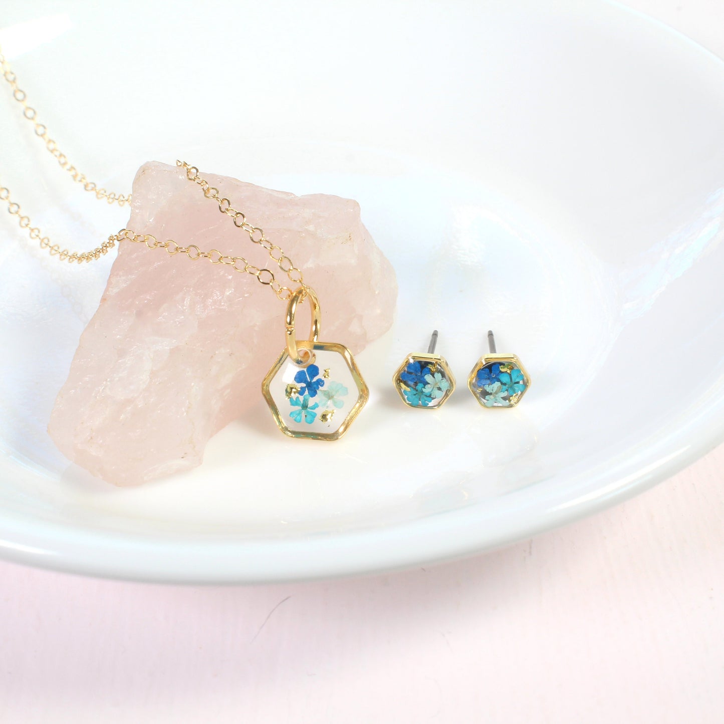 Tiny Real Pressed Flower Earrings, Gold Hexagons in Navy, Teal, Light Blue, Minimalist Studs, Pressed Flower Studs, Titanium posts, jewelry