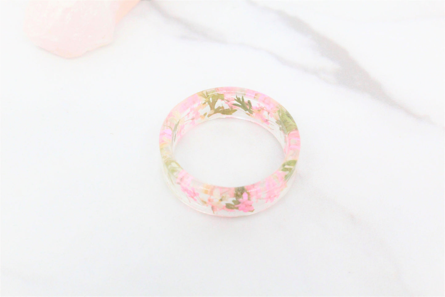 Real Pressed Flower Ring,  Blush, White, and Leaves Clear Resin Band, Pressed Flower Jewelry, Dry Flower Ring, Real Flower Ring, Pink Ring