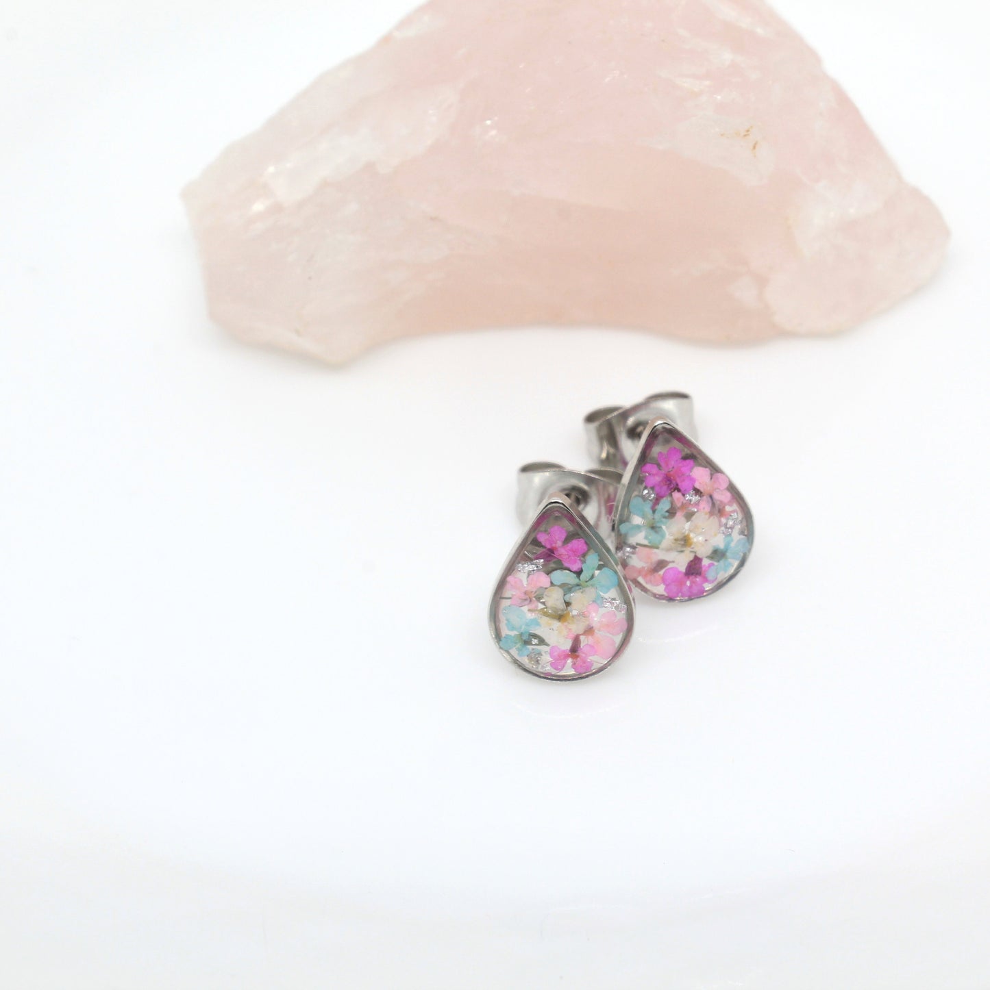 Real Pressed Flowers Silver Teardrop Post Earrings in Pastel Pink Blush and Baby Blue, with Silver Flecks