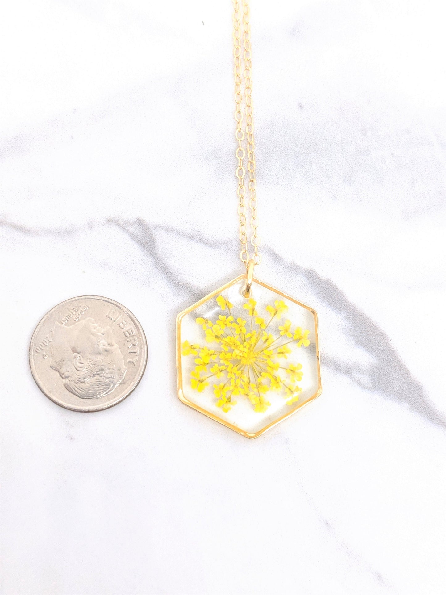 Pressed Flower Yellow Lace Sunburst Necklace, Gold Hexagon, Real Flowers in Resin, Gold Fill Option, Pressed Flower Jewelry, Dried Flowers