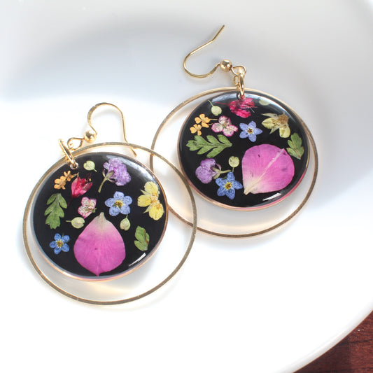 Pressed flower dangle earrings, colorful wildflower dangles, handmade dried botanicals resin jewelry, gold silver, plant lover, garden party