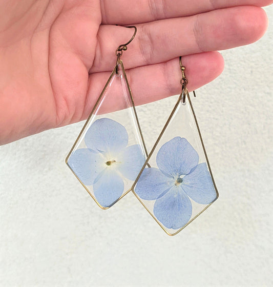 Large hydrangea earrings, blue pressed flower dangle earrings, resin dried flower jewelry, handmade, kite shaped, triangle resin earring