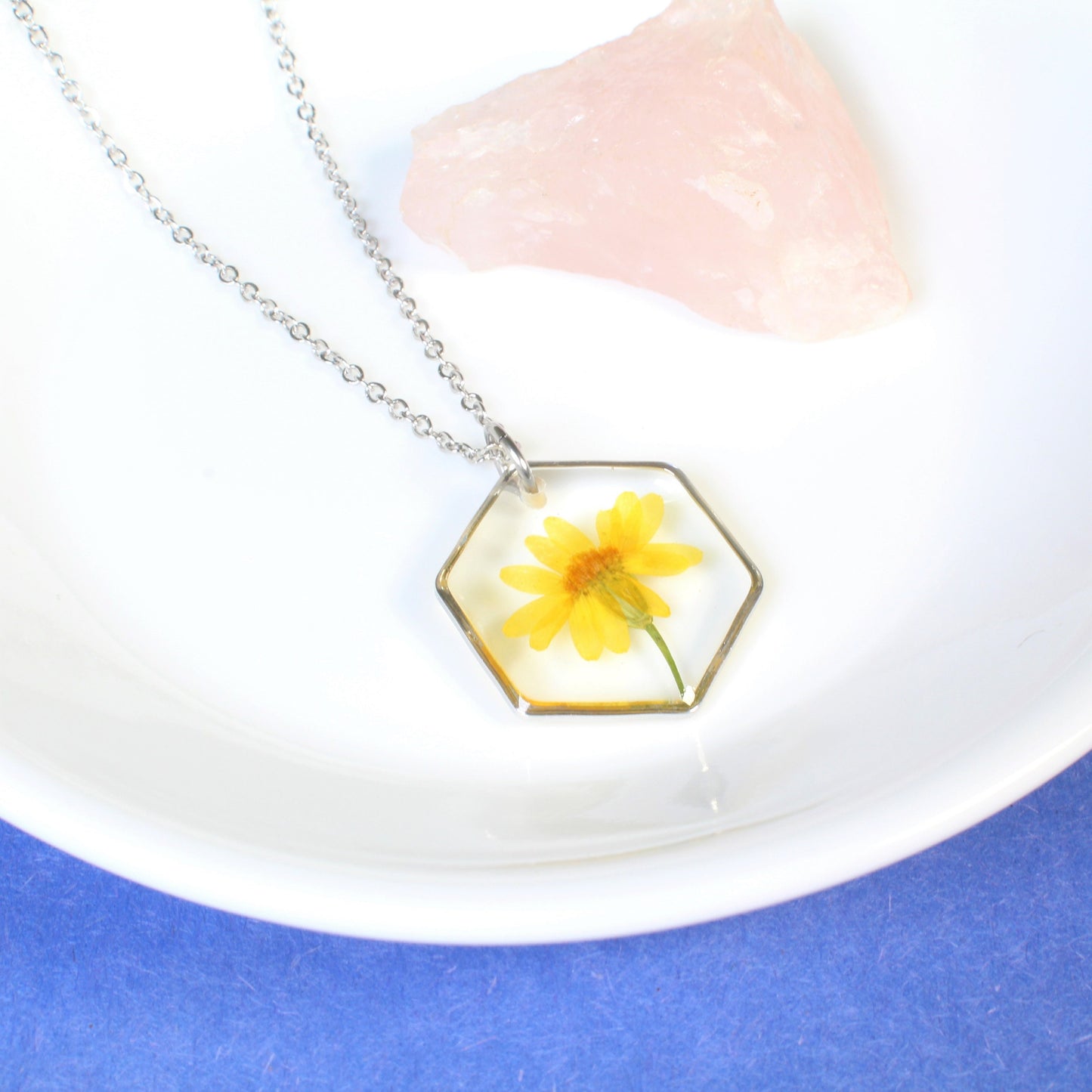 Yellow pressed flower necklace, resin daisy pendant, real dried wildflower jewelry, hexagon, handmade, daffodil, March birth flower jewelry