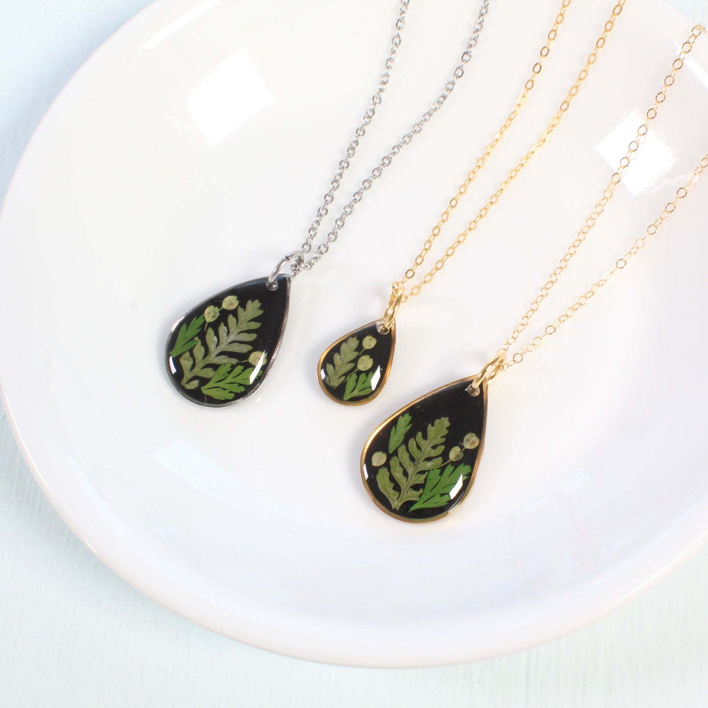 Tiny fern necklaces, real pressed fern leaf in resin, handmade nature plant jewelry, forest necklace, teardrop pendant, gold filled, silver