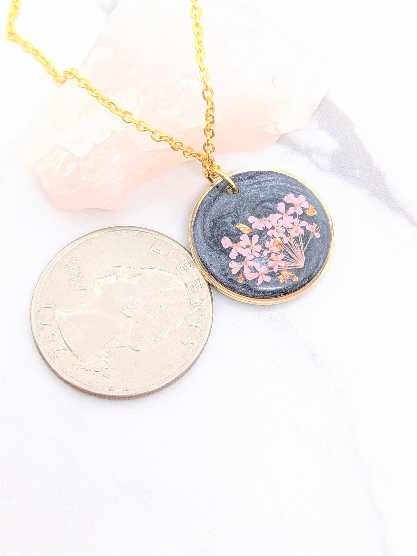 Pressed Flower Necklace, Small Real Flower Jewelry, Blush Pink, Blue, Lavender, Neon Pink, Mint, Black, Resin Lace Pendant, Colorful, Circle
