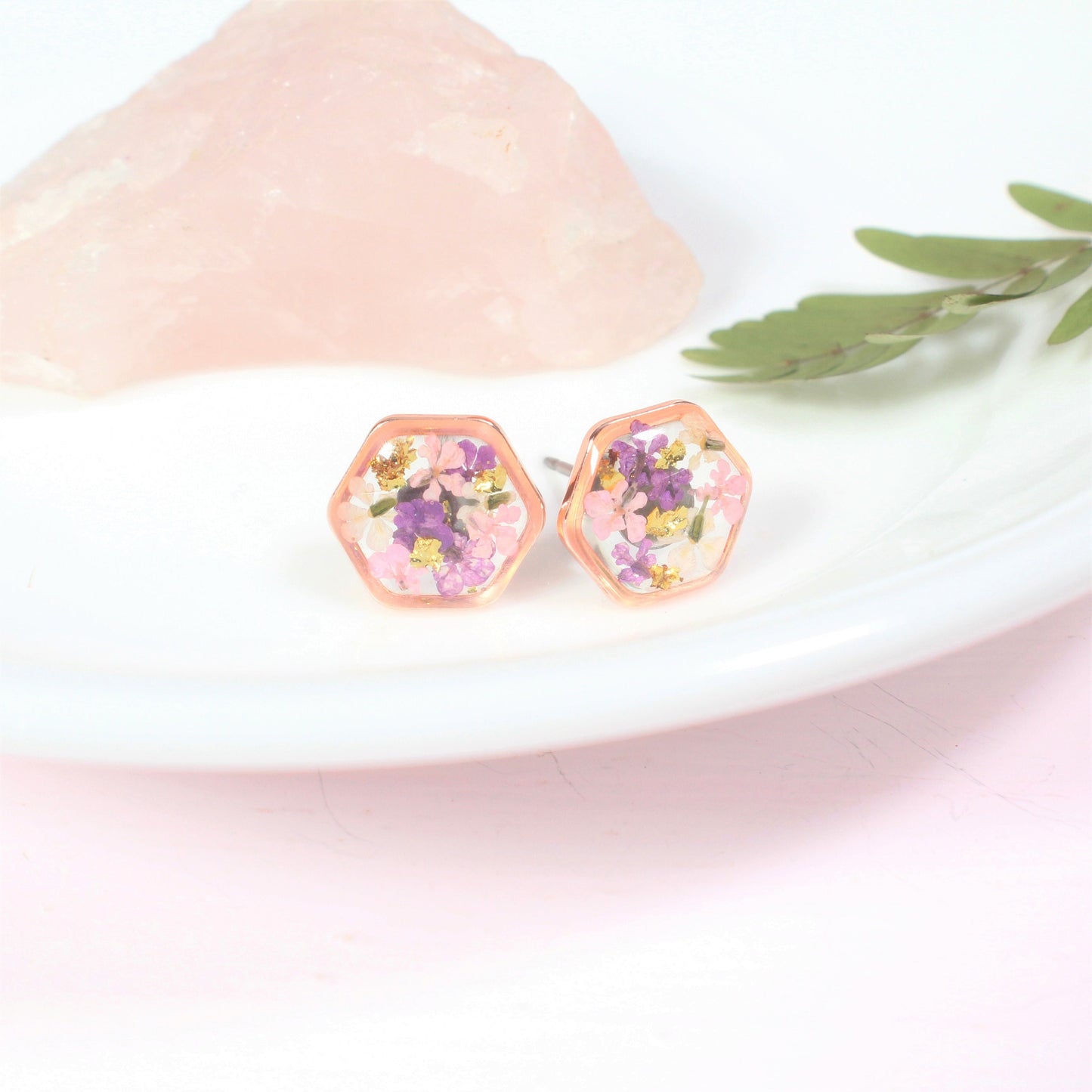 Hexagon Pressed Flower Resin Stud Earrings with Gold Leaf