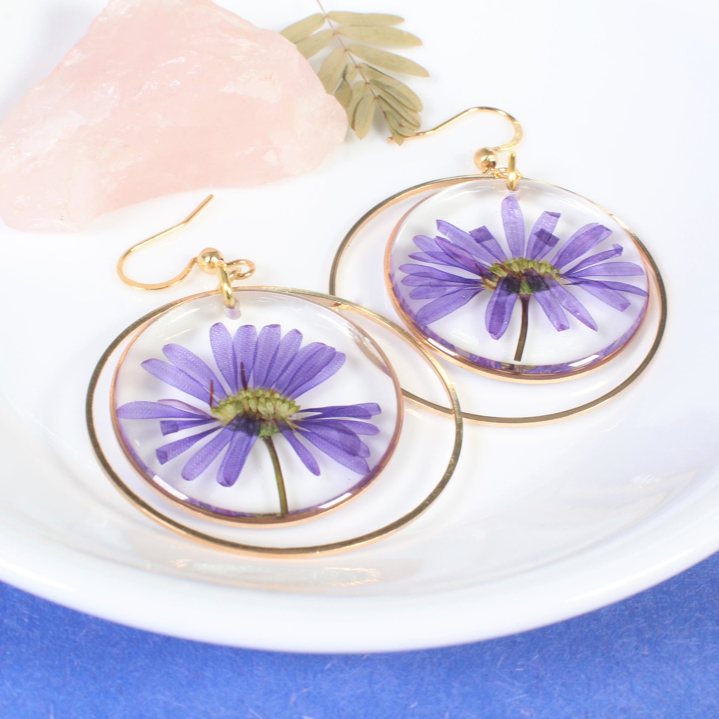 Pressed flower earrings, Aster, large dangle earrings, purple daisy, September birth flower jewelry, handmade botanical plant wildflower