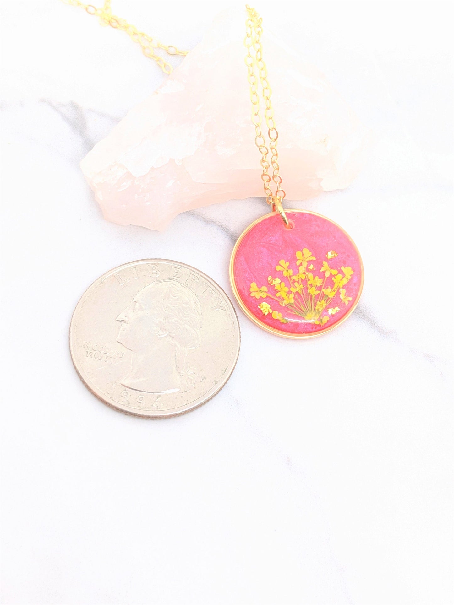 Pressed Flower Necklace, Small Real Flower Jewelry, Blush Pink, Blue, Lavender, Neon Pink, Mint, Black, Resin Lace Pendant, Colorful, Circle