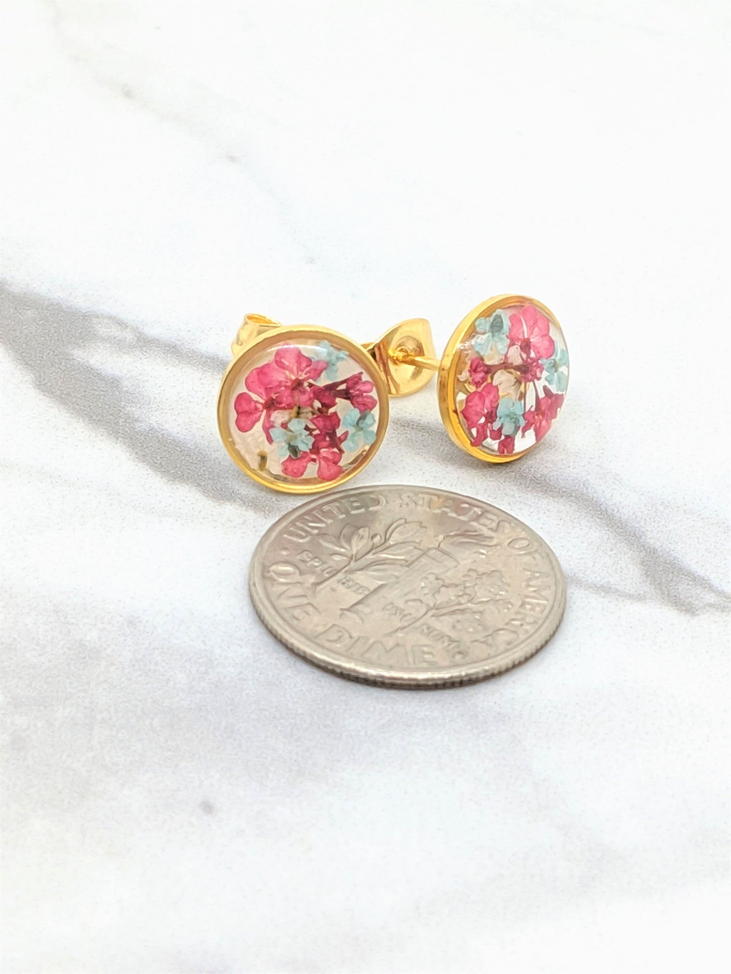 Pressed Flower Earrings, Magenta Pink Gold Circle Posts, Pressed Flower Jewelry, Real Dried Flower Resin Studs, Pressed Flowers Earrings