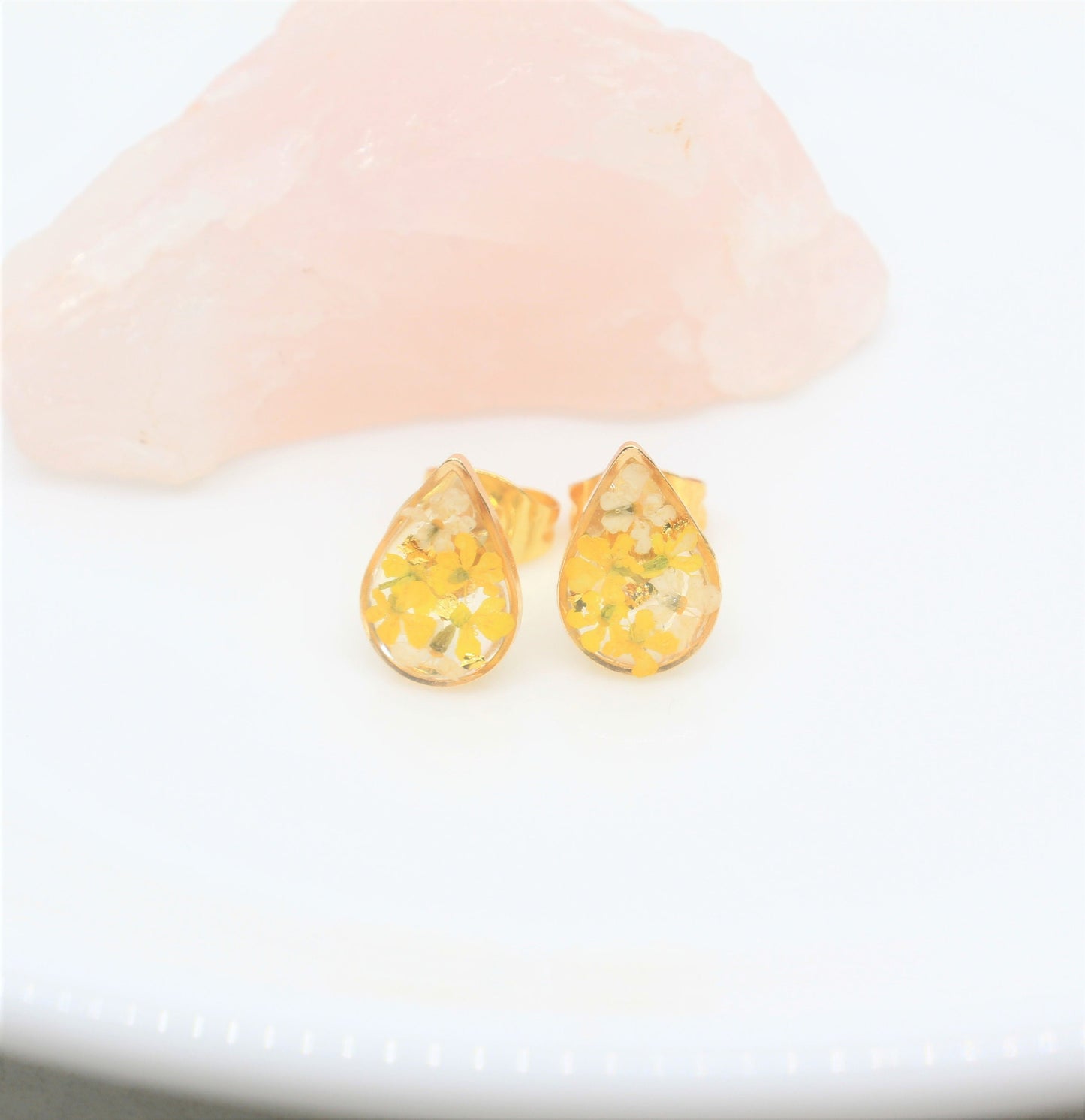 Pressed Flower Studs, Yellow, White, Gold Teardrop Posts, Dry Flower Earrings, Pressed Flower Jewelry, Real Flowers Jewelry, Pressed Flowers