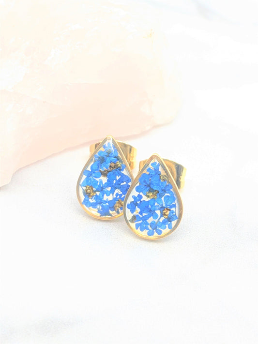 Pressed Flower Earrings, Navy Blue Gold Teardrop Studs, Dark Blue Posts, Pressed Flower Jewelry, Real Dried Flower Earrings, Pressed Flowers