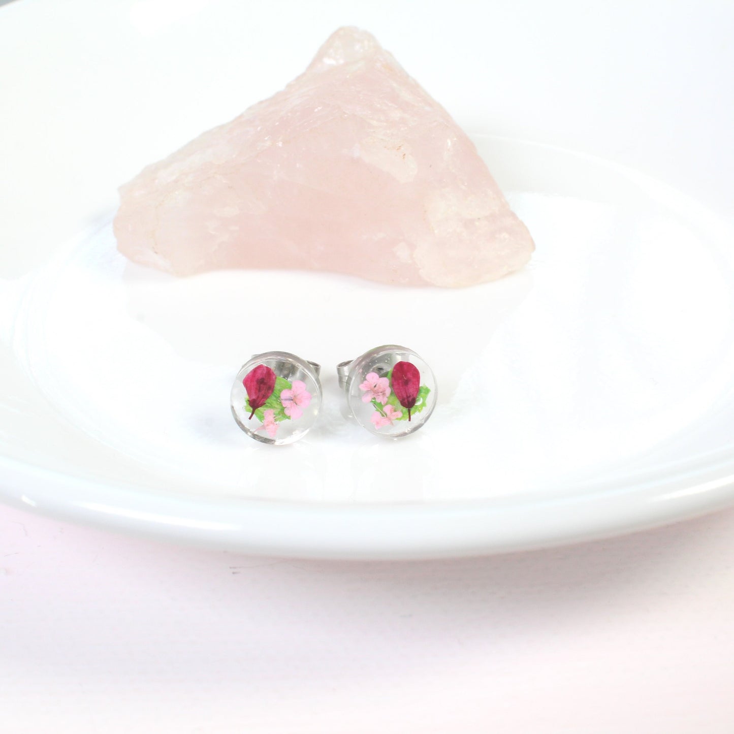 Small real pressed flower earrings, handmade resin studs in magenta, blush pink, light green, titanium posts, dried flowers, clear nature