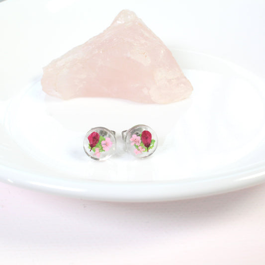 Small real pressed flower earrings, handmade resin studs in magenta, blush pink, light green, titanium posts, dried flowers, clear nature