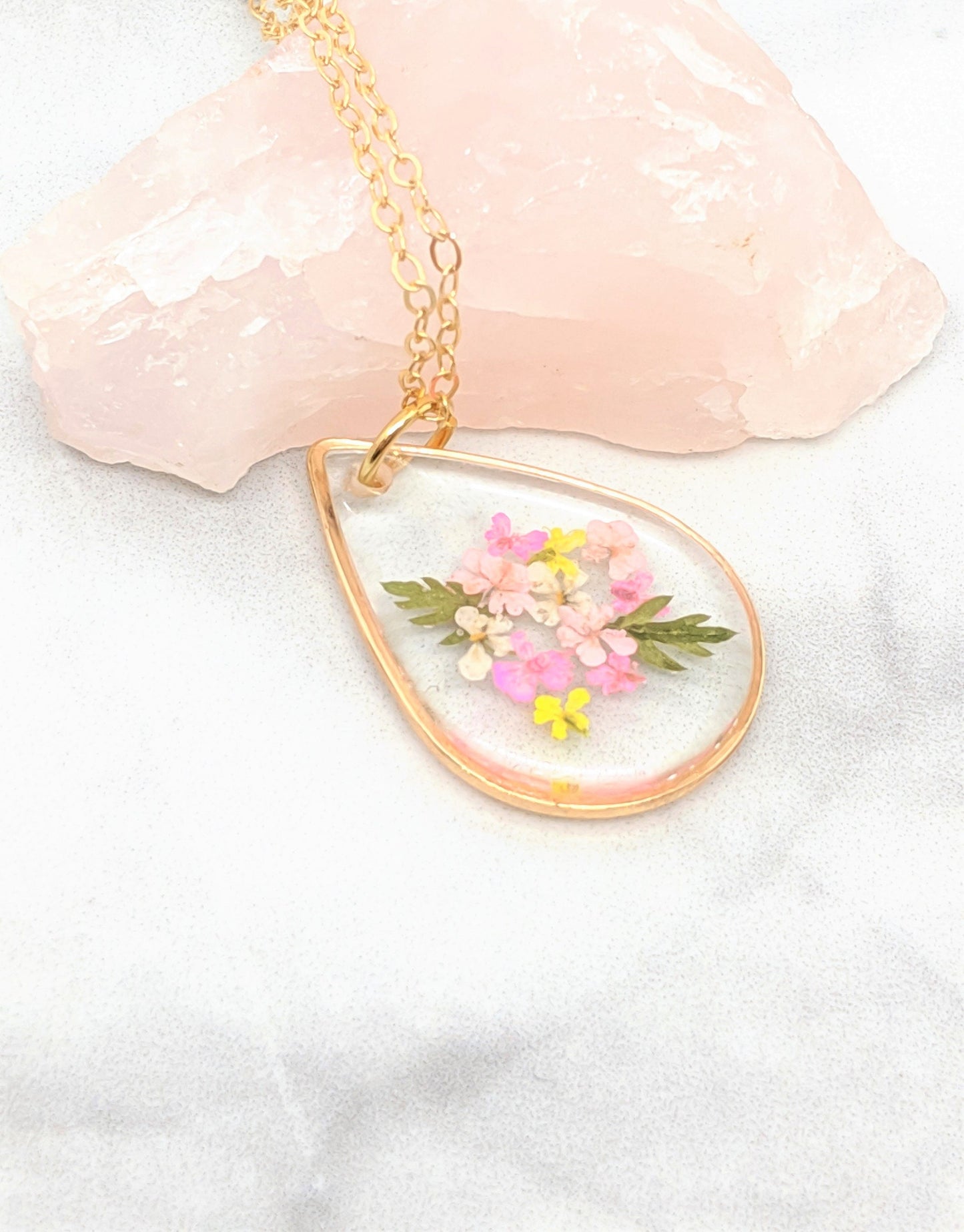 Real Pressed Flower Necklace, Small Teardrop Pendant, Pink & Yellow Bouquet, Gold Fill, Pressed Flower Jewelry, Dry Flower, Flower Girl Gift