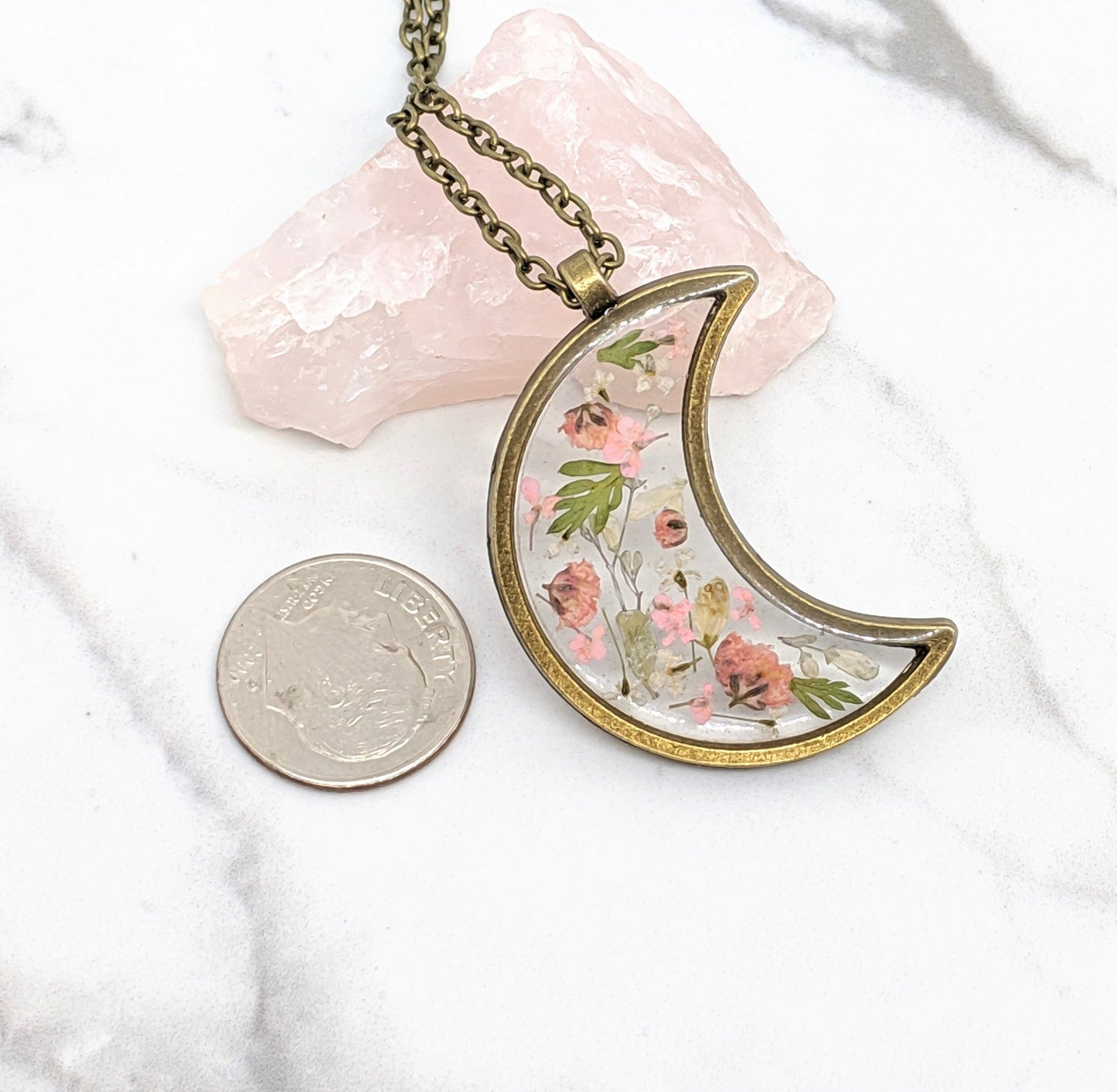 Real Pressed Flower Moon Necklace, Blush Pink Leaf, Bronze Resin Plant Pendant Dried Flower Jewelry, Handmade Moon Necklace, Celestial Lunar