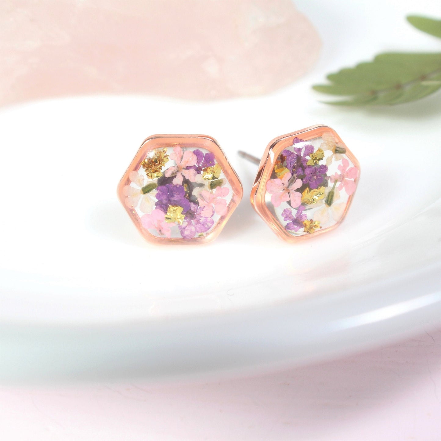 Hexagon Pressed Flower Resin Stud Earrings with Gold Leaf