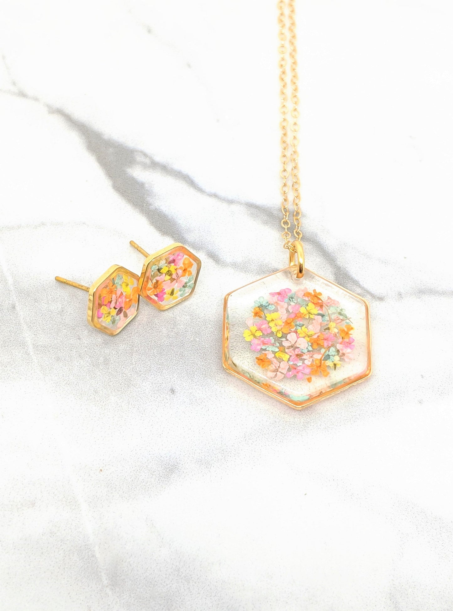Real Pressed Flower 24K Gold Plated Hexagon Stud Earrings, Pastel Cotton Candy Colors, Dry Flower Jewelry, Titanium posts, Botanical