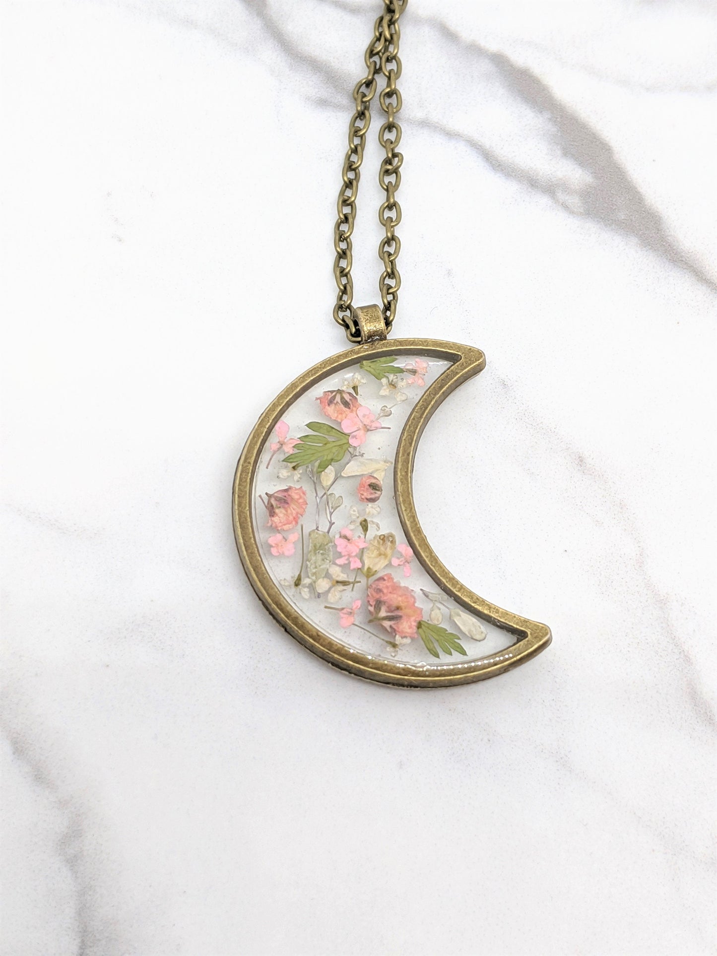 Real Pressed Flower Moon Necklace, Blush Pink Leaf, Bronze Resin Plant Pendant Dried Flower Jewelry, Handmade Moon Necklace, Celestial Lunar