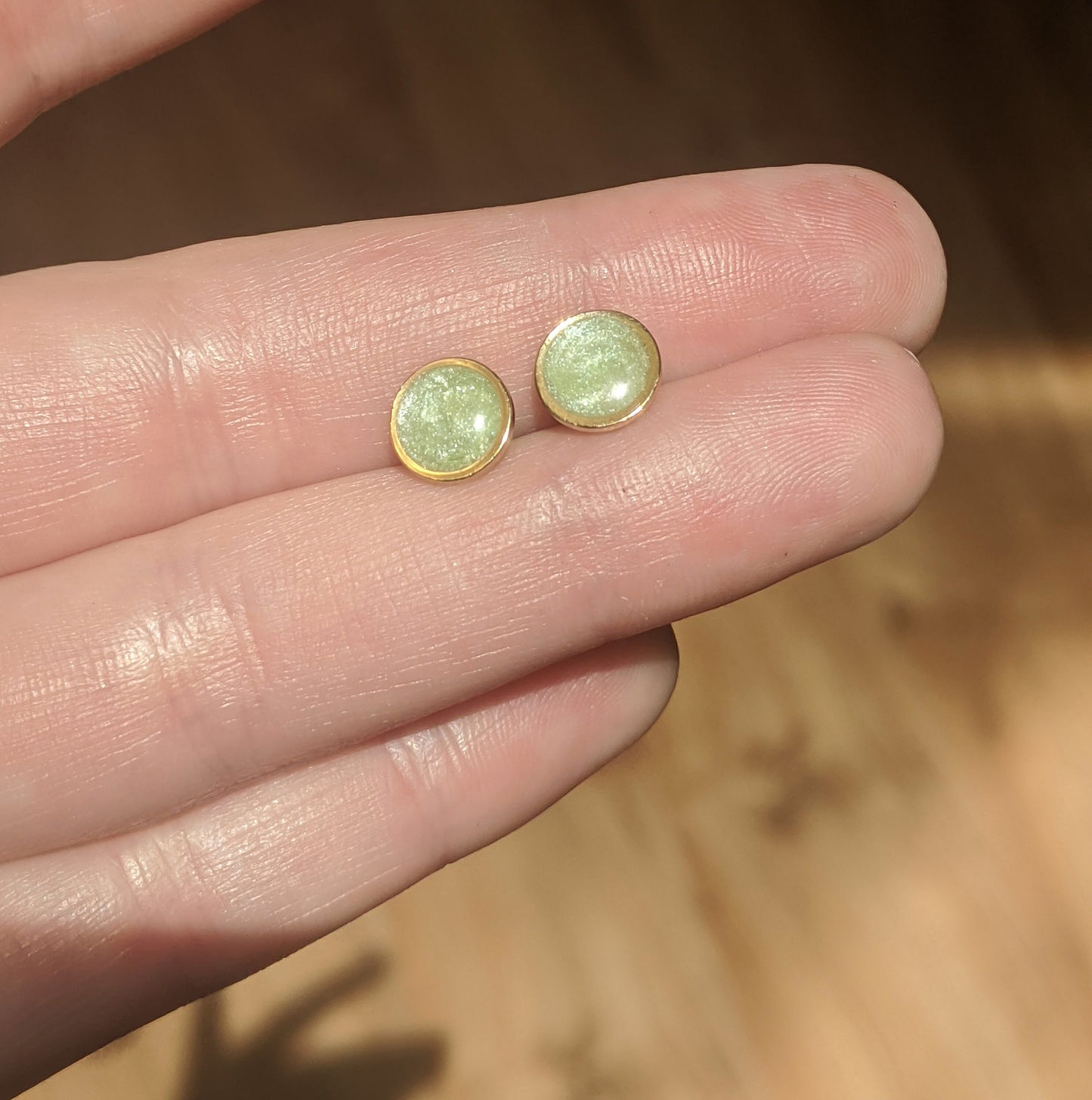 Small Modern Minimalist Mint Studs | Resin Post Earrings | Hypoallergenic Titanium | Geometric | Gold Circles, Mint Green | Layering Accent