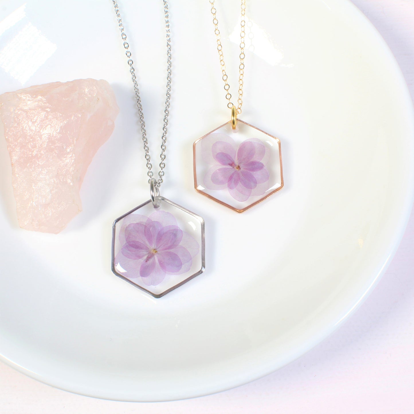 Hydrangea necklace, real pressed flower pendant, purple, blue, gold, silver, handmade resin dried flower jewelry, hexagon, botanical, nature