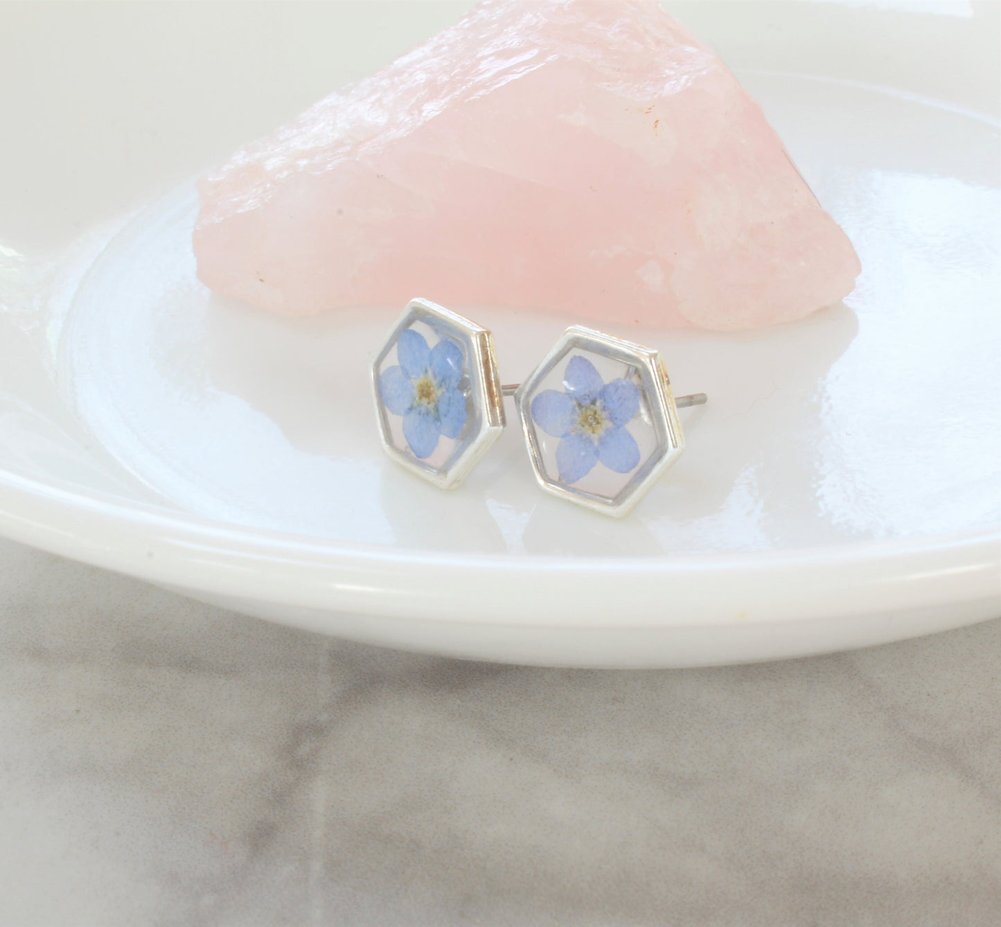 Pressed Flower Earrings, Blue Forget-me-not Studs, Silver Hexagons, Real Dried Flowers, Resin, Plant Jewelry, Forget me not, Titanium Posts