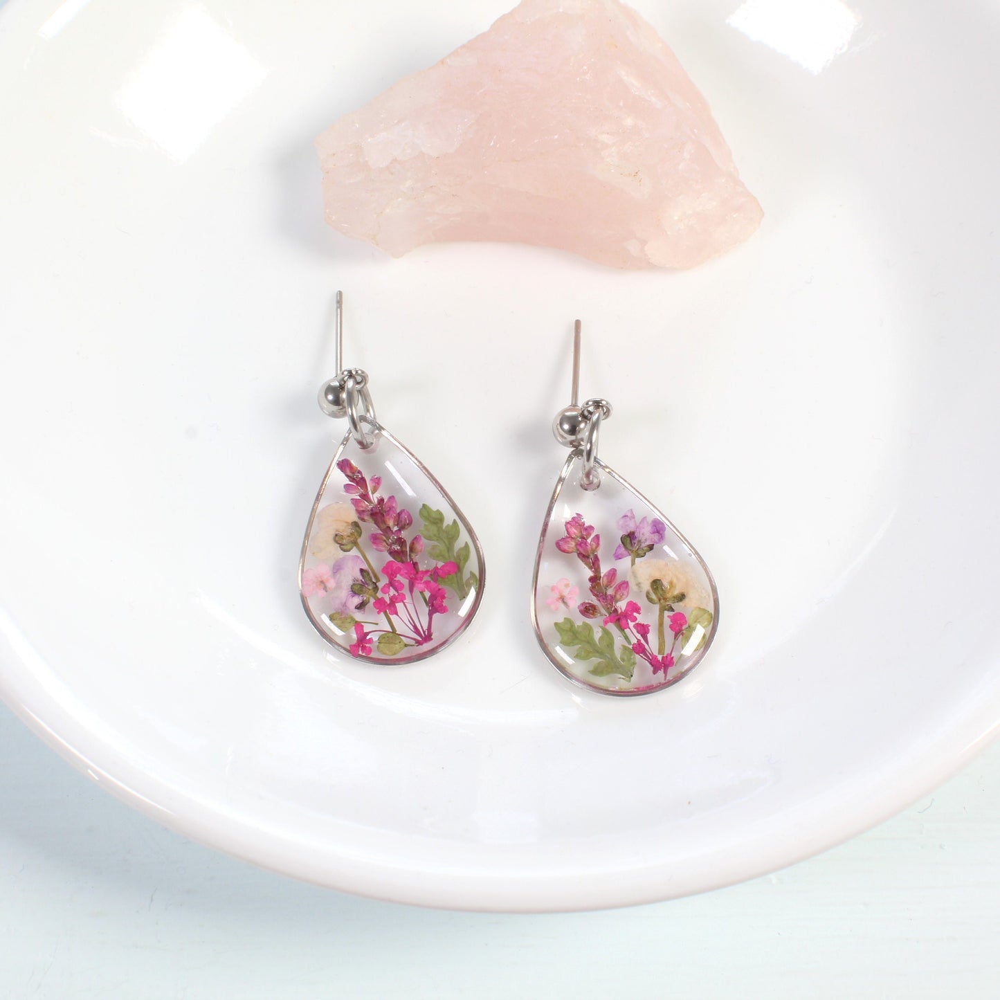 Wildflower earrings, pressed flower dangles, resin jewelry, handmade botanical teardrop studs, pink, purple, gold, silver, nature gift