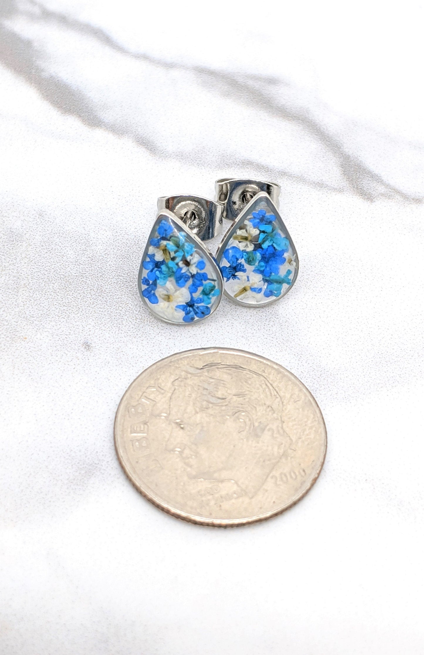 Pressed flower stud earrings, navy blue, teal, white, teardrop studs, hypoallergenic titanium